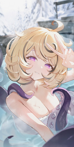 big_breasts blonde_hair blurred_background blush breasts cleavage clothed clothing collarbone female hair hot_spring looking_at_viewer markings mole_(marking) mole_under_mouth onsen partially_submerged pink_eyes short_hair smile snow tentacles towel water wet kuri_zzzz genshin_impact mihoyo yidhari_murphy animal_humanoid cephalopod cephalopod_humanoid humanoid marine marine_humanoid mollusk mollusk_humanoid octopus_humanoid absurd_res hi_res