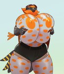 anthro areola big_breasts bottomwear breasts clothed clothing eyewear eyewear_on_head female goggles goggles_on_head hotpants huge_breasts hyper hyper_breasts nipples non-mammal_breasts non-mammal_nipples orange_areola orange_body orange_nipples shorts solo thick_thighs topless white_body odisia nintendo pokemon avian generation_6_pokemon pokemon_(species) talonflame 2025 hi_res