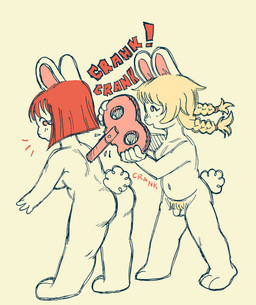 anthro balls biped blonde_hair braided_hair breasts chibi cotton_tail duo exclamation_point female flaccid foreskin genitals gynomorph hair holding_key holding_object humanoid_genitalia humanoid_penis intersex key penis pink_inner_ear pubes red_hair simple_background small_penis sound_effects standing tan_background text unretracted_foreskin wind-up_key winding_up bonnie_guerra lagomorph leporid mammal rabbit english_text hi_res trans_(lore) trans_woman_(lore)