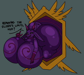 anthro big_breasts big_butt breasts butt dialogue female horn huge_breasts huge_butt hyper hyper_breasts hyper_butt looking_at_viewer mirror simple_background solo talking_to_viewer text thick_thighs wide_hips dahliathefox atlyss mirror_of_illusion_(atlyss) poon_(atlyss) shadow_creature english_text