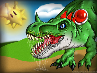 ambiguous_gender blue_eyes bodily_fluids claws cloud duo feral open_mouth outside saliva scales sharp_teeth shine_sprite sky sun teeth tongue acethebigbadwolf mario_bros nintendo super_mario_sunshine dinosaur green_yoshi prehistoric_species reptile scalie theropod tyrannosaurid tyrannosauroid tyrannosaurus tyrannosaurus_rex yoshi 2012 4:3