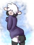 ambiguous_gender clothed clothing fluffy fluffy_tail fur legwear looking_at_viewer markings open_mouth simple_background smile solo stockings sweater tail tongue topwear tuft white_body white_fur wool_(fur) cainethelongshot mewgle belle_(mewgle) bovid caprine domestic_sheep mammal sheep 2017 digital_media_(artwork) hi_res shaded trans_(lore) trans_woman_(lore)