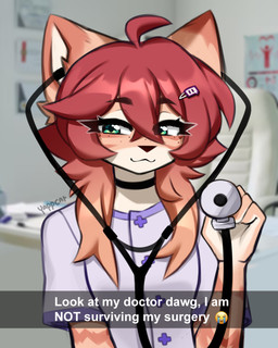 anthro black_nose clothed clothing eyebrows eyelashes female fingers freckled_face freckles front_view hair holding_object long_eyelashes medical_instrument scientific_instrument solo stethoscope text yappcat yumi_(catniplewds) domestic_cat felid feline felis mammal 2026 4:5 artist_name digital_media_(artwork) english_text hi_res