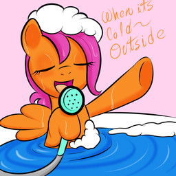 bath feathered_wings feathers female feral hair orange_body orange_feathers partially_submerged purple_hair shower_head simple_background singing solo text water wings kloudmutt friendship_is_magic hasbro my_little_pony mythology scootaloo_(mlp) equid equine mammal mythological_creature mythological_equine pegasus 1:1 2011 digital_media_(artwork) english_text