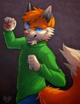 2014 5_fingers abstract_background blue_eyes canine clothing falvie fist fox glowing happy leorenard looking_at_viewer looking_back male mammal pants pawpads paws raised_arm sharp_teeth smile solo standing sweater teeth
Rating: Safe
Score: 11
User: toh
Date: February 12, 2014