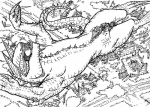 ambiguous_gender claws destruction feral horn ink lying macro on_back solo teeth village elpandamangrande dungeons_and_dragons hasbro wizards_of_the_coast eldritch_abomination reptile scalie tarrasque black_and_white monochrome traditional_media_(artwork)