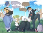 all_fours anthro ass_up balls big_balls big_breasts big_penis black_sclera bottomwear breasts bulge butt claws cleavage clothed clothing collar defeated denim denim_bottomwear denim_clothing detailed_background electronics femboy finger_claws genital_outline genitals group gynomorph headphones huge_balls hyper hyper_balls hyper_genitalia intersex intersex/male jeans looking_back looking_down male nervous pants paws penis side_view skinny sky smile smug speech_bubble tail text thick_thighs trio yonstar_studios epic_games fortnite mythology apollo_caelum cate_meowdy meow_skulls alien dragon felid feline mammal mythological_creature mythological_scalie scalie digital_media_(artwork) hi_res spanish_text translated