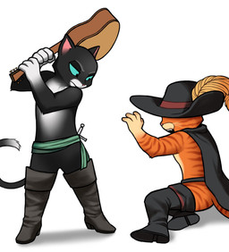 acoustic_guitar angry anthro belt black_body black_fur blade blue_eyes boots cape clothing duo female fluffy footwear frown fur guitar hat_feather headgear headwear holding_object legwear long_tail looking_at_another looking_at_partner looking_down loose_feather male male/female musical_instrument orange_body orange_fur pink_ears plucked_string_instrument pointy_ears prick_ears pupils shadow sharp_fangs shoes simple_background sitting standing string_instrument tail thigh_boots thigh_highs whiskers white_background white_body white_fur patto_pib dreamworks puss_in_boots_(franchise) kitty_softpaws puss_in_boots_(dreamworks) domestic_cat felid feline felis mammal tabby_cat tuxedo_cat hi_res