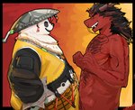 anthro asian_clothing asian_conical_hat belly body_hair bracelet chest_hair chinese_clothing clothing duo east_asian_clothing eyewear fur glasses hat headgear headwear horn jewelry male male/male multicolored_body multicolored_fur overweight red_body red_scales scales smile spiked_bracelet spikes wonder3mporium mihoyo mythology zenless_zone_zero pan_yin_hu bear dragon giant_panda mammal mythological_creature mythological_scalie scalie absurd_res hi_res