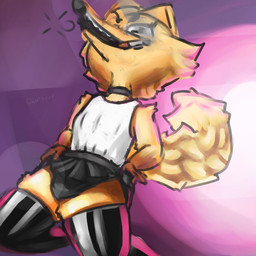 anthro bottomwear bottomwear_pull bubble bulge choker cigarette clothed clothing clothing_pull crossdressing drunk drunk_bubble fur jewelry legwear looking_at_viewer low-angle_view male necklace orange_body orange_fur panties pink_background pink_light pink_lighting shirt simple_background skirt skirt_pull smoke smoking smoking_cigarette solo substance_intoxication tail tank_top text thigh_highs topwear underwear white_clothing white_shirt white_tank_top white_topwear worm's-eye_view katovox canid canine canis mammal 1:1 2025 absurd_res artist_name colored digital_media_(artwork) hi_res shaded