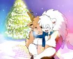 anthro antlers blush breath carrying_another christmas_tree clothed clothing cute_fangs duo eyes_closed fangs front_view holidays horn male mane outside panting piggyback plant scarf smile snow standing teeth topless tree young whiteleo christmas leo_(whiteleo) rudolph_the_red-nosed_reindeer deer felid lion mammal new_world_deer pantherine reindeer 5:4