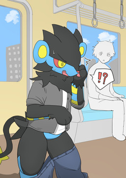 after_transformation ambiguous_gender anthro biped black_body blue_body blue_countershading bodily_fluids bottomwear bottomwear_around_legs chair clothed clothing clothing_around_legs countershade_arms countershade_torso countershading duo featureless_crotch furniture hand_to_face handpaw implied_transformation interrobang leg_markings legs_together markings on_chair open_mouth pants pants_around_legs partially_clothed pawpads paws pink_pawpads public_transportation pupils red_sclera semi-anthro shocked sitting sitting_on_chair snout socks_(marking) solo_focus speech_bubble spread_legs spreading standing sweat tail topwear transformation yellow_eyes yellow_inner_ear yellow_markings yellow_pupils root_doggie nintendo pokemon generation_4_pokemon luxray pokemon_(species) 2024 absurd_res colored hi_res japanese_description portrait three-quarter_portrait