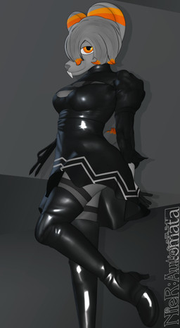 anthro black_clothing black_dress boots breasts clothing cosplay dress female footwear fur grey_body grey_fur hair high_heeled_boots high_heels latex latex_boots latex_clothing latex_footwear latex_thigh_boots legwear orange_eyes shoes solo tail thigh_boots thigh_highs conditional_dnp gusta nier_automata platinumgames gusty_(gusta) yorha_2b chinchilla chinchillid mammal rodent hi_res herm_(lore)