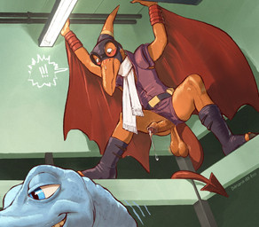 anthro aviator_cap aviator_goggles ball_slip balls blue_body blue_eyes blue_scales blush bodily_fluids claws clothing duo erection footwear foreskin genital_fluids genitals glans hiding humanoid_genitalia humanoid_penis leaking_precum male mask nervous oblivious orange_balls orange_body orange_penis orange_scales penis penis_poking_out penis_through_leghole pink_glans precum saggy_balls scales scarf spying sweat toe_claws toeless_footwear voyeur banana_da_boi dinosaucers bronto_thunder terrible_dactyl brontosaurus dinosaur diplodocid diplodocoid prehistoric_species pterosaur reptile saurischian sauropod sauropodomorph scalie 2025 hi_res