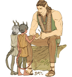 brown_hair clothing footwear group hair horn humanoid_pointy_ears log male muscular muscular_humanoid muscular_male pointy_ears sandals scar shoes sitting trio whittling wood young nutvv3 baldur's_gate baldur's_gate_3 dungeons_and_dragons hasbro larian_studios wizards_of_the_coast halsin_(baldur's_gate) elf humanoid tiefling