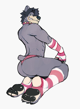 anthro armwear blue_body blue_fur butt clothed clothing eyebrows femboy footwear fur grey_body hair legwear male muscular muscular_male pattern_armwear pattern_clothing pattern_legwear pawpads simple_background smile socks striped_armwear striped_clothing striped_legwear stripes tail thong topless topless_male underwear white_background jrjresq marsh_(jrjresq) american_black_bear bear black_bear mammal ursine hi_res