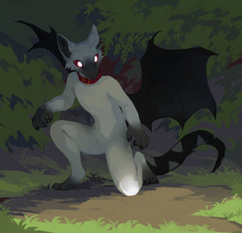 anthro black_body black_fur black_wings cheek_tuft collar facial_tuft featureless_crotch front_view fur grass grey_body grey_fur kneeling male no_pupils nude on_one_knee outside plant red_collar red_sclera shrub solo tuft unsigned white_body white_eyes white_fur wings corzh77 species_request absurd_res full-length_portrait hi_res portrait
