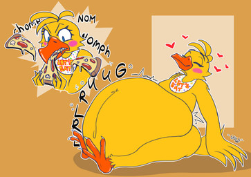 anthro beak belly big_belly bloated blue_eyes eating eyes_closed female food huge_belly pizza rumbling_stomach solo stuffing yellow_body g3xa five_nights_at_freddy's scottgames chica_(fnaf) avian bird chicken galliform phasianid hi_res