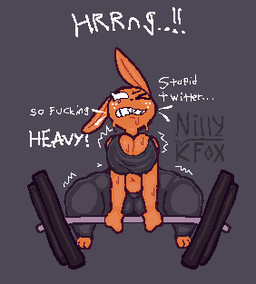 anthro barbell big_breasts bodily_fluids bottomwear bra breast_squish breasts buckteeth clothing dialogue empty_eyes exercise eyebrows eyelashes female freckles fur grimace grunting looking_up motion_lines one_eye_closed orange_body pants paws shaking shortstack solo sports_bra squish stylized_empty_eyes sumo_deadlift sweat sweating_profusely sweatpants teeth text thick_thighs underwear weightlifting whiskers white_freckles wide_hips workout nillykfox twitter clementine_(sepiakfox) lagomorph leporid mammal rabbit digital_media_(artwork) english_text low_res pixel_(artwork)
