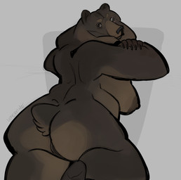 anthro anus big_breasts big_butt breasts butt claws eye_scar facial_scar female genitals looking_at_viewer looking_back lying nipples nude on_front paws presenting presenting_hindquarters presenting_vulva scar solo tail thick_thighs vulva infezmite bear brown_bear grizzly_bear mammal ursine hi_res