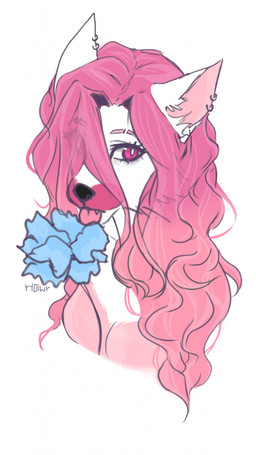 anthro black_nose blep breasts ear_piercing eye_through_hair eyebrow_piercing eyebrows eyelashes facial_piercing fangs female flower hair long_hair looking_at_viewer piercing pink_eyes pink_hair plant simple_background solo teeth tongue tongue_out translucent translucent_hair r10iwr canid canine mammal 2022 9:16 character_request hi_res portrait sketch watermark
