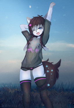 accessory alternative_fashion anthro blue_eyes bow_panties bow_underwear broken_heart brown_hair chest_tuft clothing e-girl female goth grass grey_ears hair hair_accessory legwear magic one_eye_closed open_mouth panties plant shirt sky skyscape solo star stockings stretching sunrise thigh_highs topwear tuft underwear white_body wink yawn wolfelliza mythology fox_spirit mythological_creature absurd_res hi_res