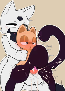 abdominal_bulge anthro anthro_on_anthro anthro_penetrated anthro_penetrating anthro_penetrating_anthro arm_tuft armless balls big_balls black_body black_markings black_scarf black_tail bodily_fluids clothing cum cum_from_vagina cum_in_vagina cum_inside dipstick_tail duo elbow_tuft emanata eye_roll facial_markings facial_tuft female female_penetrated genital_fluids genitals head_markings heart_eyes heart_pupils heart_symbol male male/female male_penetrating male_penetrating_female markings open_mouth orange_body orgasm orgasm_face outline pattern_clothing pattern_scarf penetration red_eyes scarf sex shoulder_tuft simple_background standing standing_sex stitch_(sewing) striped_clothing striped_scarf stripes tail tail_markings tan_background tuft white_scarf defunctumbra umbra_(defunctumbra) felid feline mammal 2023 hi_res