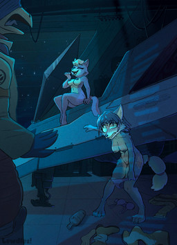 anthro blue_hair blush bottle bra breasts caught_in_the_act clothing container embarrassed eyes_closed female fluffy fluffy_tail footwear fur genitals group hair hangar interrupted laugh male male/female multicolored_body multicolored_fur narrowed_eyes nipples nude open_mouth pink_body pink_fur shirt space spacecraft star tail topwear trio underwear vehicle vulva white_hair lewdles nintendo star_fox falco_lombardi katt_monroe krystal_(star_fox) avian bird canid canine domestic_cat felid feline felis fox mammal 2026 absurd_res digital_media_(artwork) hi_res signature