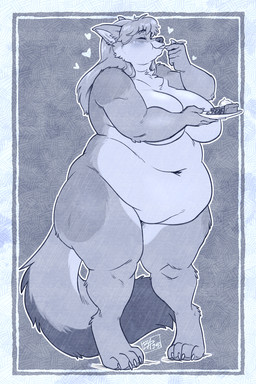 4_toes 5_fingers anthro belly big_belly big_breasts big_butt breasts butt cutlery eating feet female fingers food fork fur hair hindpaw huge_belly humanoid_hands kitchen_utensils navel nude nude_anthro nude_female overweight overweight_anthro overweight_female pastry paws pie solo standing tail thick_thighs toes tools wide_hips blizzieart sandra_(foxcall) canid canine canis coyote mammal 2025 2:3 hi_res signature