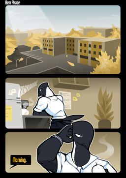 anthro appliance beak beverage black_body blue_eyes bottomwear clothed clothed_anthro clothed_male clothing coffee coffee_mug dialogue feathers fridge kitchen_appliance male multicolored_body pants shirt solo speech_bubble tail tail_feathers text topwear two_tone_body white_body white_clothing white_shirt white_topwear rem_phase avian bird corvid magpie_(corvid) oscine passerine 2026 absurd_res comic english_text hi_res