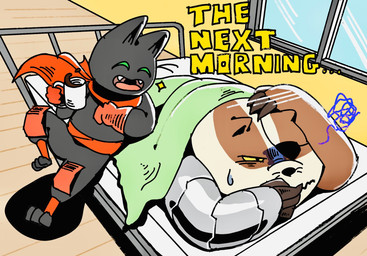 1_eye anthro bed beverage black_body black_fur coffee cybernetics disability duo eye_patch eyewear fur furniture hungover machine male overweight overweight_male prosthetic prosthetic_arm prosthetic_limb vetiver_n cartoon_network mao_mao:_heroes_of_pure_heart badgerclops sheriff_mao_mao_mao badger cyborg domestic_cat felid feline felis mammal mustelid musteline hi_res