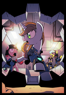 alternate_universe armor brown_hair clothed clothing detailed_background female feral fleeing glowing green_eyes group hair headgear helmet hooves horn male open_mouth purple_eyes teeth tongue wandrevieira1994 fallout fallout_equestria hasbro microsoft my_little_pony mythology fan_character littlepip equid equine mammal mythological_creature mythological_equine unicorn absurd_res hi_res