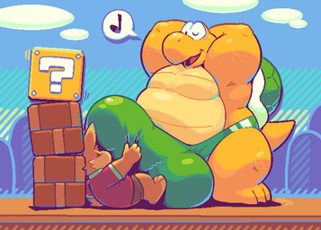?_block anthro big_bulge bottomwear brick_block briefs bulge bulge_grab bulge_in_face clothing cloud detailed_bulge dominant dominant_male duo green_briefs green_clothing green_shell green_underwear hand_on_bulge huge_bulge hyper hyper_bulge larger_dom larger_male male male/male musical_note musical_symbol overweight overweight_anthro overweight_male red_clothing red_shirt red_topwear shell shirt shorts size_difference sky skyscape smaller_male smothering speech_bubble symbol topwear underwear greenendorf mario_bros nintendo koopa koopa_troopa lagomorph leporid mammal rabbit reptile scalie tortoise turtle