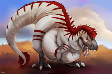 ambiguous_feral ambiguous_gender belly big_belly big_butt biped bodily_fluids butt claws cloud eyes_closed feral grass huge_belly huge_butt mane open_mouth outside plant red_mane red_tongue saliva saliva_string sky solo striped_legs striped_neck tail tail_tuft tongue tongue_out tuft vore white_body white_claws roobin dinosaur dromaeosaurid prehistoric_species reptile scalie theropod hi_res