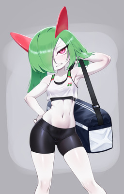 athletic athletic_wear biped black_clothing bottomwear bra breasts clothed clothing cocked_hip duffel_bag eyelashes female green_hair gym_bottomwear gym_shorts hair looking_at_viewer midriff not_furry pupils shorts slim sports_bra standing thick_thighs thigh_gap topwear underwear white_body white_clothing wide_hips azuu nintendo pokemon generation_3_pokemon humanoid kirlia pokemon_(species) absurd_res hi_res