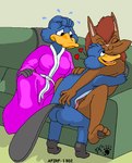 adolescent adult_on_adolescent anthro beak black_pawpads blue_body blue_fur bodily_fluids breasts brown_body brown_fur clothed clothing female flying_sweatdrops fur furniture genitals group hair heart_symbol inside male male/female nude pawpads penis pussy red_hair sex sofa sweat sweatdrop tail toony trio yellow_beak young kthanid_(artist) rutwell_forest monica_(rutwell) serenakty shelby_platypus domestic_cat felid feline felis mammal monotreme platypus digital_media_(artwork) story_at_source