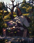 ambiguous_gender amphibian anthro ass_up bunnyshaped feral frog gesture grass hair half-closed_eyes hand_gesture hi_res kneeling lagomorph leporid long_ears lying mammal narrowed_eyes on_front outside plant pointing rabbit solo tree tuft water