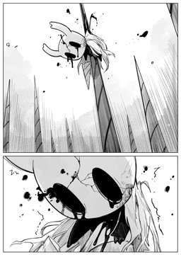 2_panel_comic ambiguous_gender black_body cloak clothed clothing holding_melee_weapon holding_object holding_weapon hollow_eyes liquid melee_weapon motion_lines nail_(weapon) solo weapon wounded tesso_no_ori hollow_knight_(franchise) team_cherry the_knight_(hollow_knight) vessel_(species) 2020 absurd_res comic hi_res monochrome