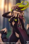 2018 anthro aya_(satsukii) blurred_background breasts canid canine curved_horn detailed_background digital_media_(artwork) dragon female fox genitals green_horn green_nose hair horn hybrid long_hair mammal mythological_creature mythological_scalie mythology navel nipples nude piercing pussy satsukii scalie solo tail yellow_eyes