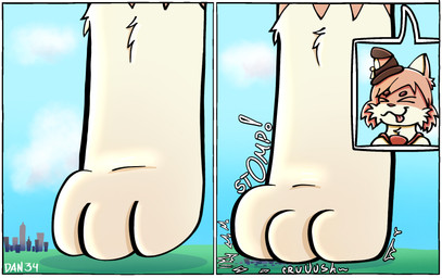 4_toes anthro city city_destruction clothing cloud destruction feet foot_fetish fur grass grass_field hat headgear headwear macro micro onomatopoeia orange_body orange_fur paws plant sky solo sound_effects standing stomp_(sound_effect) stomped stomping text toes dan_34 absurd_res hi_res