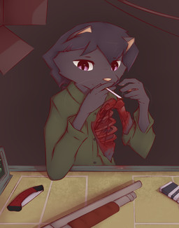 anthro black_body black_fur black_hair blood bodily_fluids cigarette clothed clothed_female clothing female fur furniture gore gun hair knife painless_gore pink_nose pupils purple_eyes ranged_weapon rib_cage shirt shotgun skinny slit_pupils smoking smoking_cigarette solo table topwear torn_clothing weapon whiskers wire cdt2s buckshot_roulette snowflake_(cdt2s) domestic_cat felid feline felis mammal hi_res