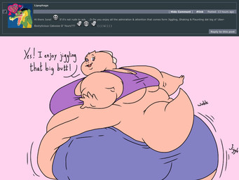 5_fingers anthro ask_blog big_butt bottomwear bouncing_butt butt clothing crop_top denim denim_bottomwear denim_clothing denim_shorts dialogue exclamation_point eyebrows eyelashes female fingers flabby_arms frill_(anatomy) head_crest head_frill huge_butt membrane_(anatomy) membranous_frill morbidly_obese morbidly_obese_anthro morbidly_obese_female motion_lines obese obese_anthro obese_female onomatopoeia overweight overweight_anthro overweight_female pink_background pink_body pink_skin purple_eyes rear_view shirt shorts simple_background smile solo sound_effects tail text topwear wide_hips batspid2 juna_(batspid2) lizard reptile scalie 2018 4:3 digital_drawing_(artwork) digital_media_(artwork) english_text flat_colors