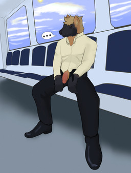 anthro bus clothed clothing commercial_vehicle ellipsis flaccid genitals humanoid_genitalia humanoid_penis looking_at_viewer male partially_clothed penis penis_poking_out penis_through_fly pose presenting presenting_penis public sitting solo speech_bubble spread_legs spreading vehicle syncopation hyena mammal absurd_res digital_media_(artwork) hi_res pinup