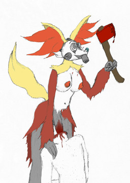 ambiguous_gender anthro axe blood blood_on_chest blood_on_penis blood_on_weapon bodily_fluids breasts clown death duo gas_mask genitals gore gore_focus gynomorph intersex intersex/ambiguous interspecies mask melee_weapon neck_penetration necrophilia nipples penis pokephilia simple_background teratophilia weapon white_background wound_penetration lunatic_lizzie_(artist) nintendo pokemon delphox generation_6_pokemon pokemon_(species) hi_res
