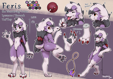 accessory anthro arm_tuft butt claws digitigrade elbow_tuft finger_claws floppy_ears fluffy fur hair hair_accessory hip_tuft jewelry leaning long_hair male neck_tuft necklace nude pawpads presenting presenting_hindquarters purple_body purple_fur raised_leg red_claws short_tail side_view simple_background smile solo standing tail text toe_claws tongue tongue_out tuft wave yellow_eyes tauphie nintendo pokemon feris_(ferislycan) generation_5_pokemon generation_7_pokemon hybrid lycanroc pokemon_(species) zoroark 2026 absurd_res english_text hi_res model_sheet