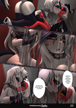 anthro big_penis blush blush_lines breasts cartoon_freckles clothing dialogue duo eyelashes female freckled_face freckles genitals kissing long_eyelashes male male/female penis speech_bubble text undressing wet jizoku hellaverse helluva_boss mythology loona_(helluva_boss) moxxie_(helluva_boss) canid canid_demon canine demon demon_humanoid hellhound humanoid imp mammal mythological_canine mythological_creature 2026 absurd_res comic english_text hi_res url