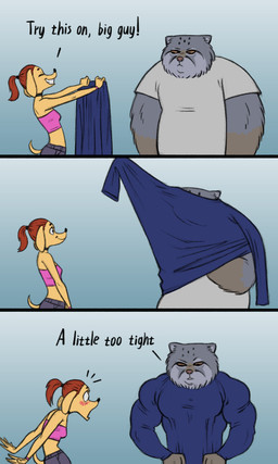 3_panel_comic blush blush_lines bottomwear brown_body brown_fur brown_hair brown_sclera choker clothing crop_top denim denim_bottomwear denim_clothing dialogue duo female fur grey_body grey_fur grin hair humor jeans jewelry male multicolored_body multicolored_fur necklace pants ponytail shirt smile sweater t-shirt text topwear two_tone_body two_tone_fur wide_eyed yellow_body yellow_fur kostos_art canid canine canis domestic_cat domestic_dog felid feline felis mammal 3:5 absurd_res english_text hi_res