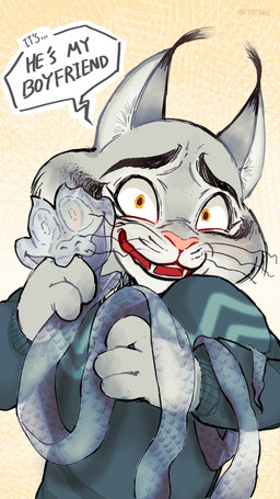 anthro clothing dialogue fur grey_body grey_fur insane male molting shed_skin solo sweater text topwear yellow_eyes 79b1ea disney zootopia gary_de'snake pawbert_lynxley canada_lynx felid feline inanimate_object lynx mammal pit_viper reptile scalie snake viper 9:16 english_text hi_res
