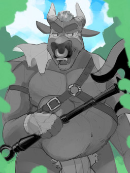 abdominal_bulge anthro axe belly big_belly facial_piercing fully_inside harness horn male melee_weapon muscular muscular_male nose_piercing nose_ring piercing ring_piercing same_size_vore vore weapon buhk bovid bovine cattle mammal 3:4 hi_res