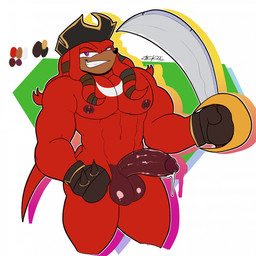 anthro balls big_balls big_butt big_muscles big_pecs big_penis bodily_fluids butt dark_body dark_skin dripping eyebrows fangs genital_fluids genitals looking_at_viewer male melee_weapon muscular muscular_male nipples pecs penis pirate_hat precum precum_drip raised_eyebrow red_body smug_grin solo sword teeth weapon zackdadawg netflix sega sonic_prime sonic_the_hedgehog_(series) knuckles_the_dread knuckles_the_echidna echidna mammal monotreme 2023 hi_res